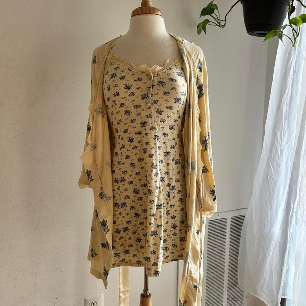 Vintage victoria secret yellow floral slip dress & robe set